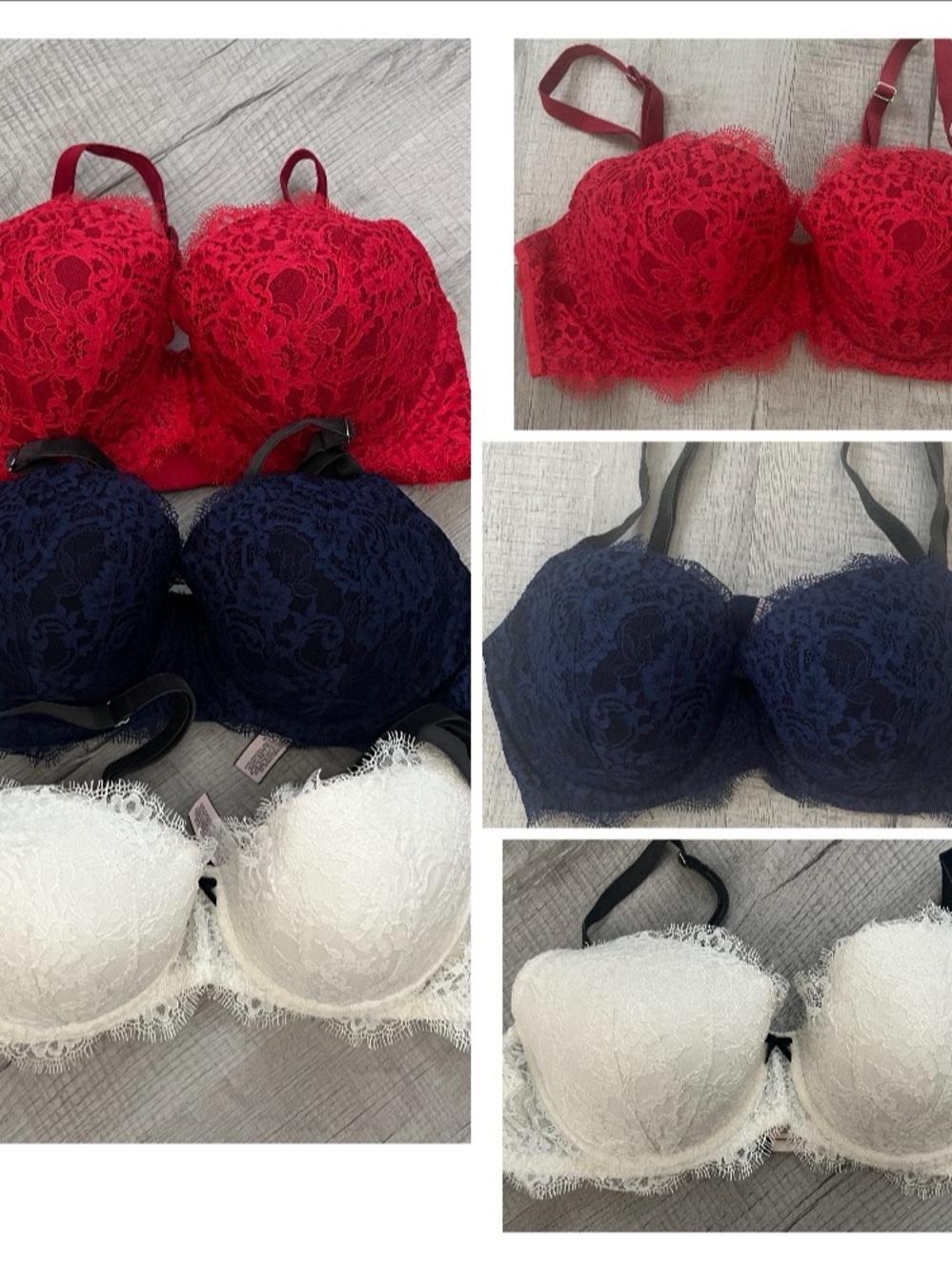 Victoria's Secret Angels Bra Bundle 3 Pack Red, Navy, White 36D Lace Demi Bras